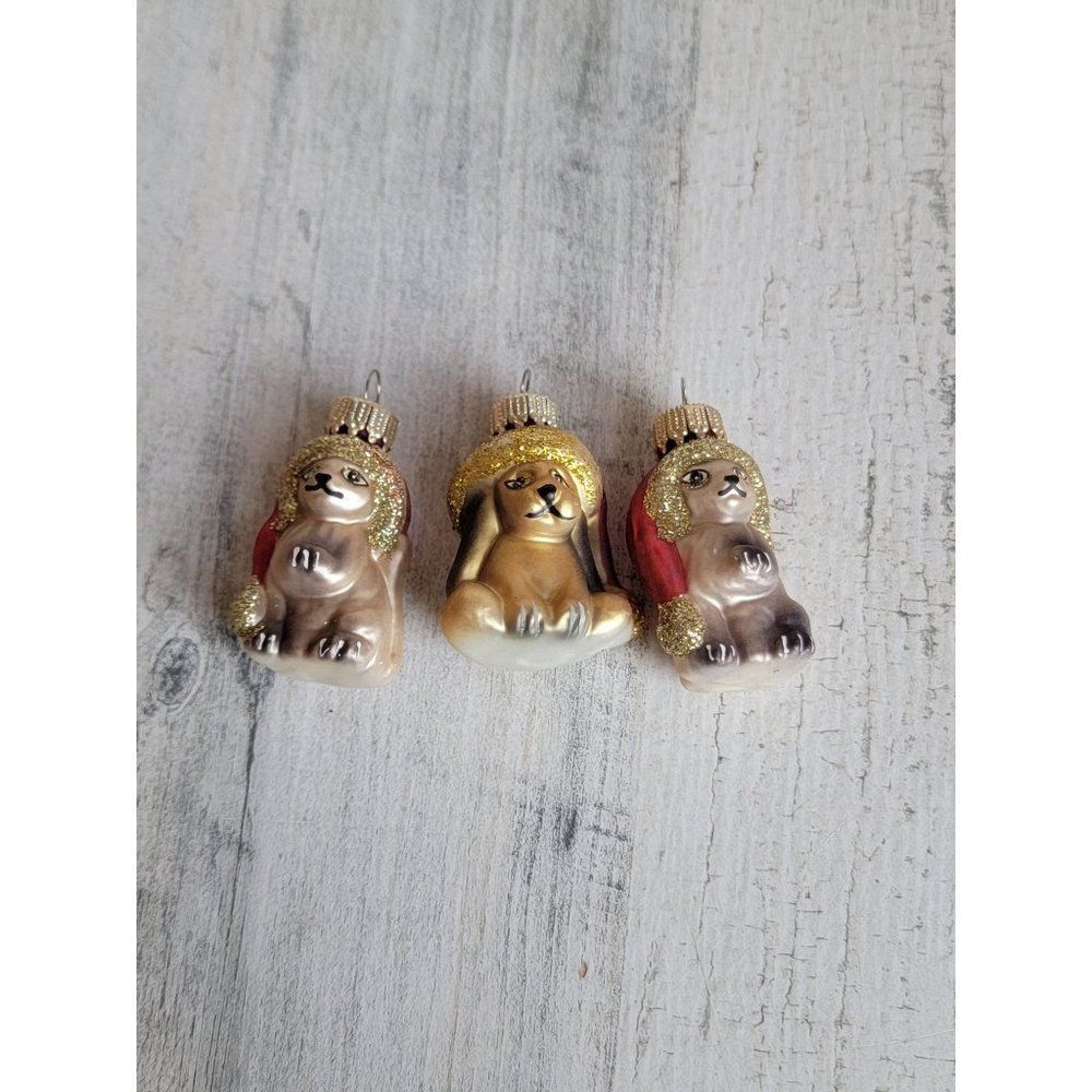 Mini blown glass cat dog pet‎ set ornament Xmas Santa hat
